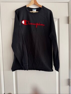 Champion Black Long Sleeve Shirt with Red Script